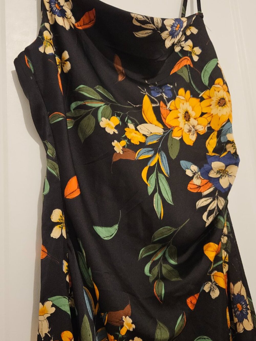 Garota Black Floral Satin Midi Dress Size XS — Cowl Neck / Side Ruche - Picture 2 of 10